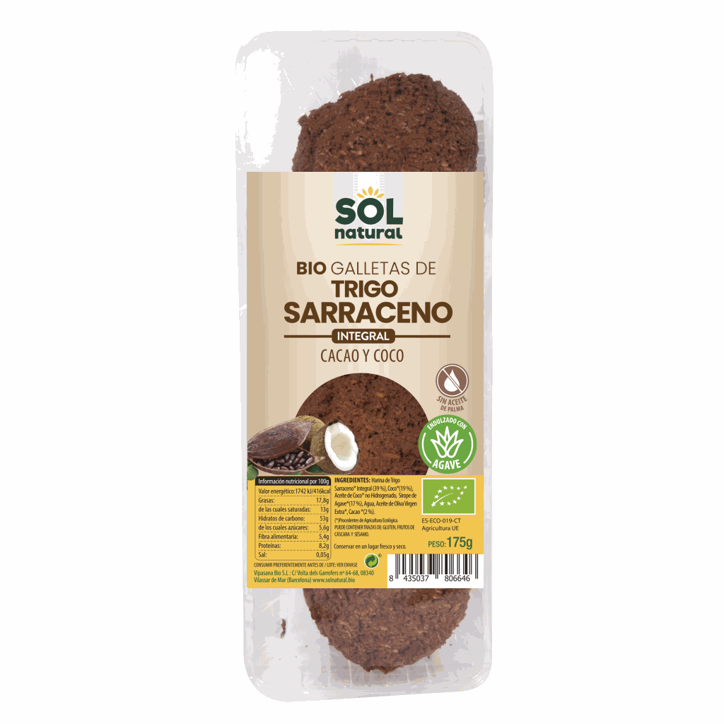Galetes blat sarraí coco i cacau 170g, Sol Natural
